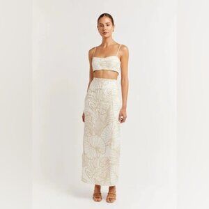 Dissh Malta White Palm Linen Crop Top and Midi Skirt Set Size 6